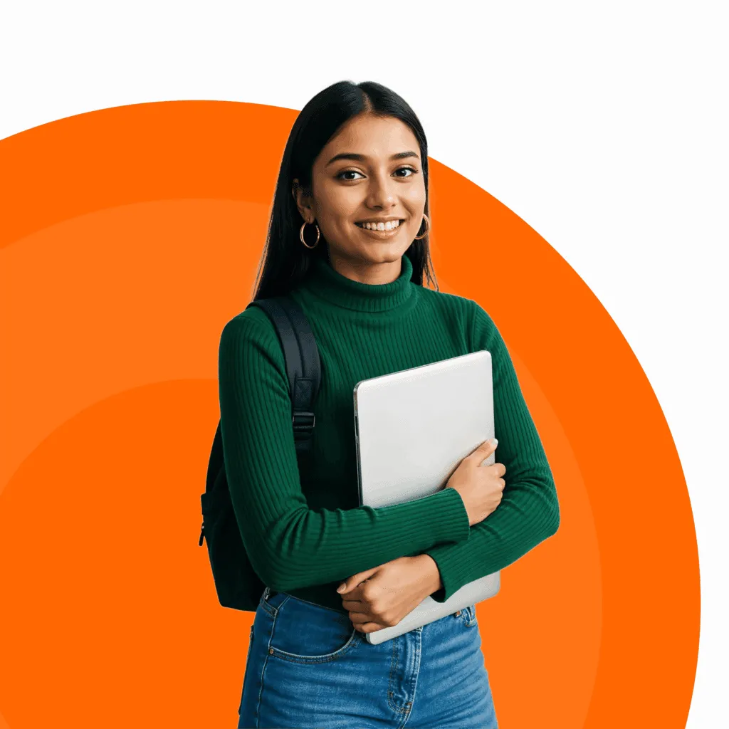 Graduate holding laptop and books
